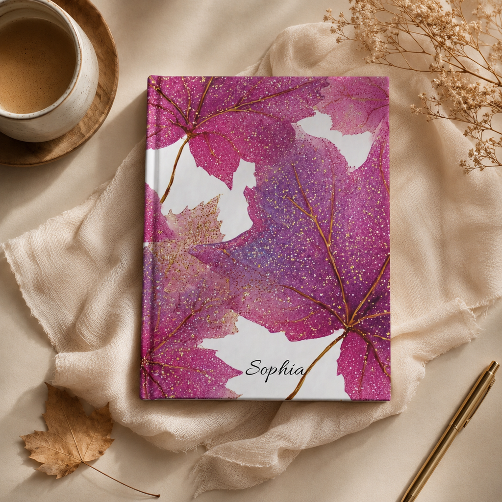 Pink glitter maple leaves journal infographic — 128 blank pages 90gsm matte laminated hardcover personalised gift