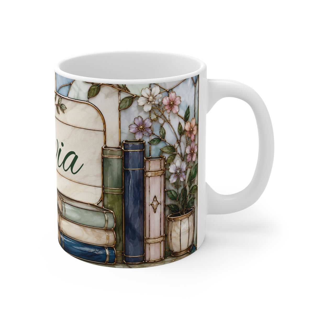 Personalized navy sage bookshelf mug with custom name - handle view