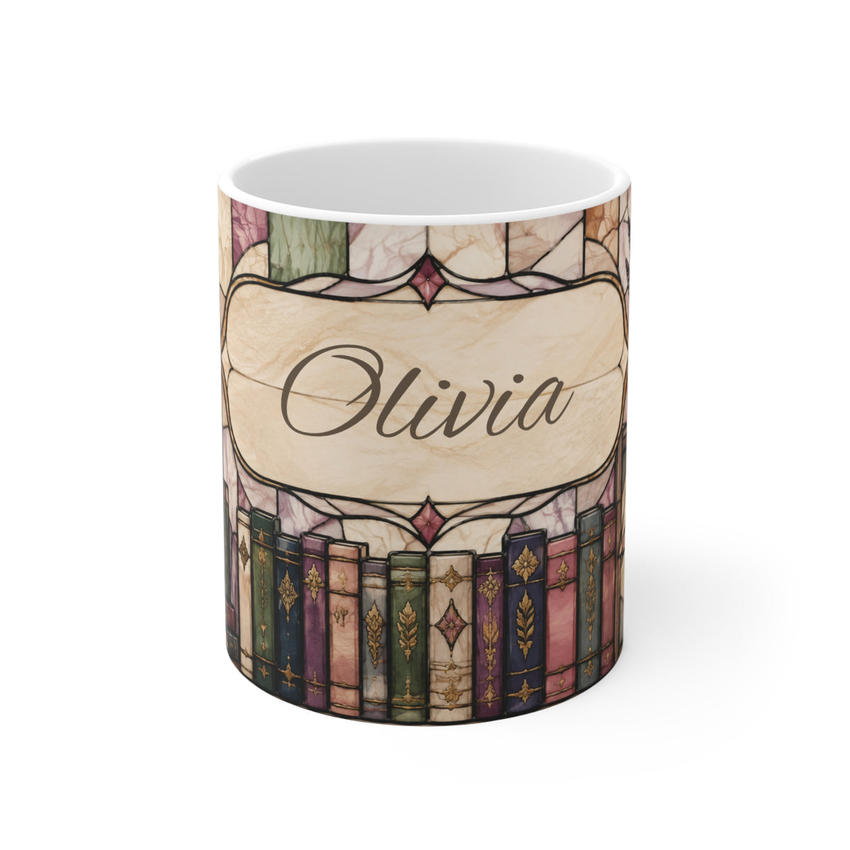 Personalized pastel bookshelf monogram mug with custom name - side angle