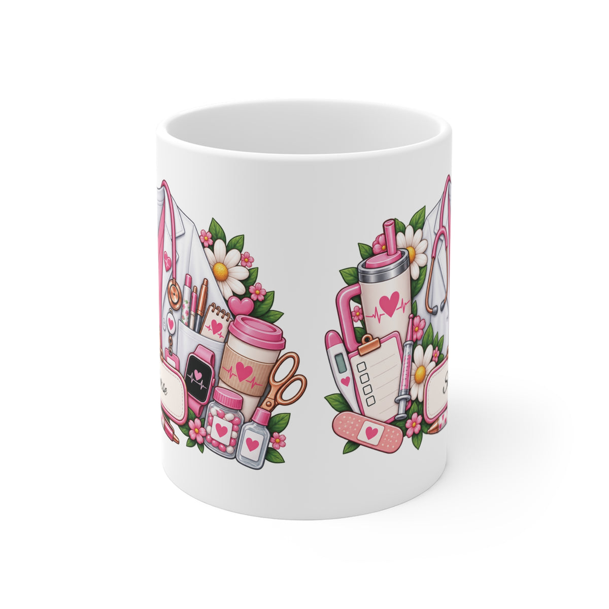 Personalized pink nurse essentials mug with custom name - side angle
