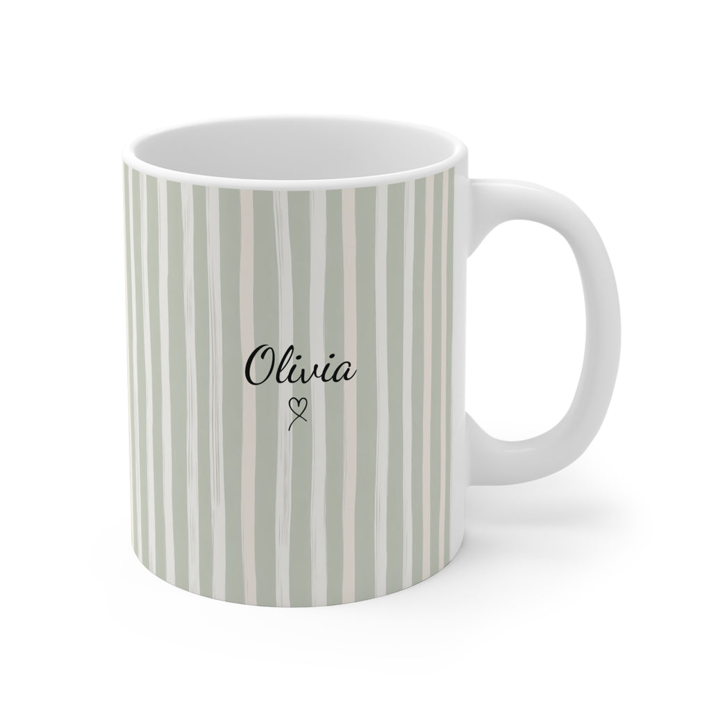 Personalized sage green stripe mug with custom name - handle view