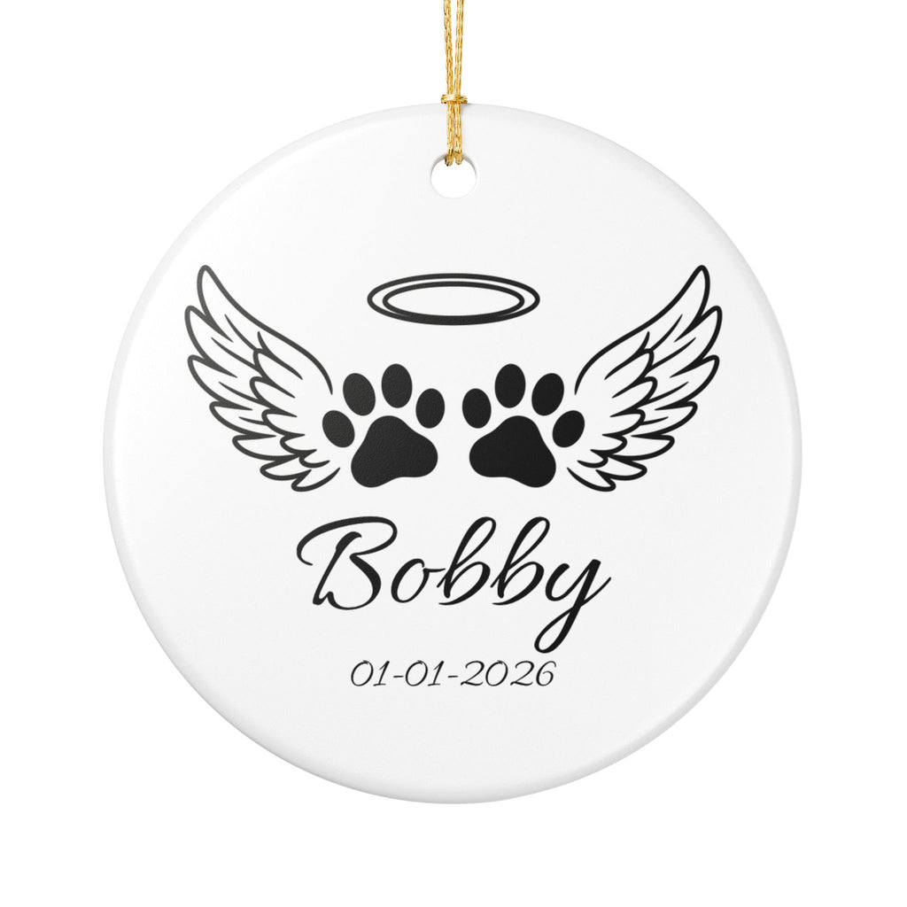 Personalised pet memorial ceramic ornament with angel wings paw prints and custom name and date