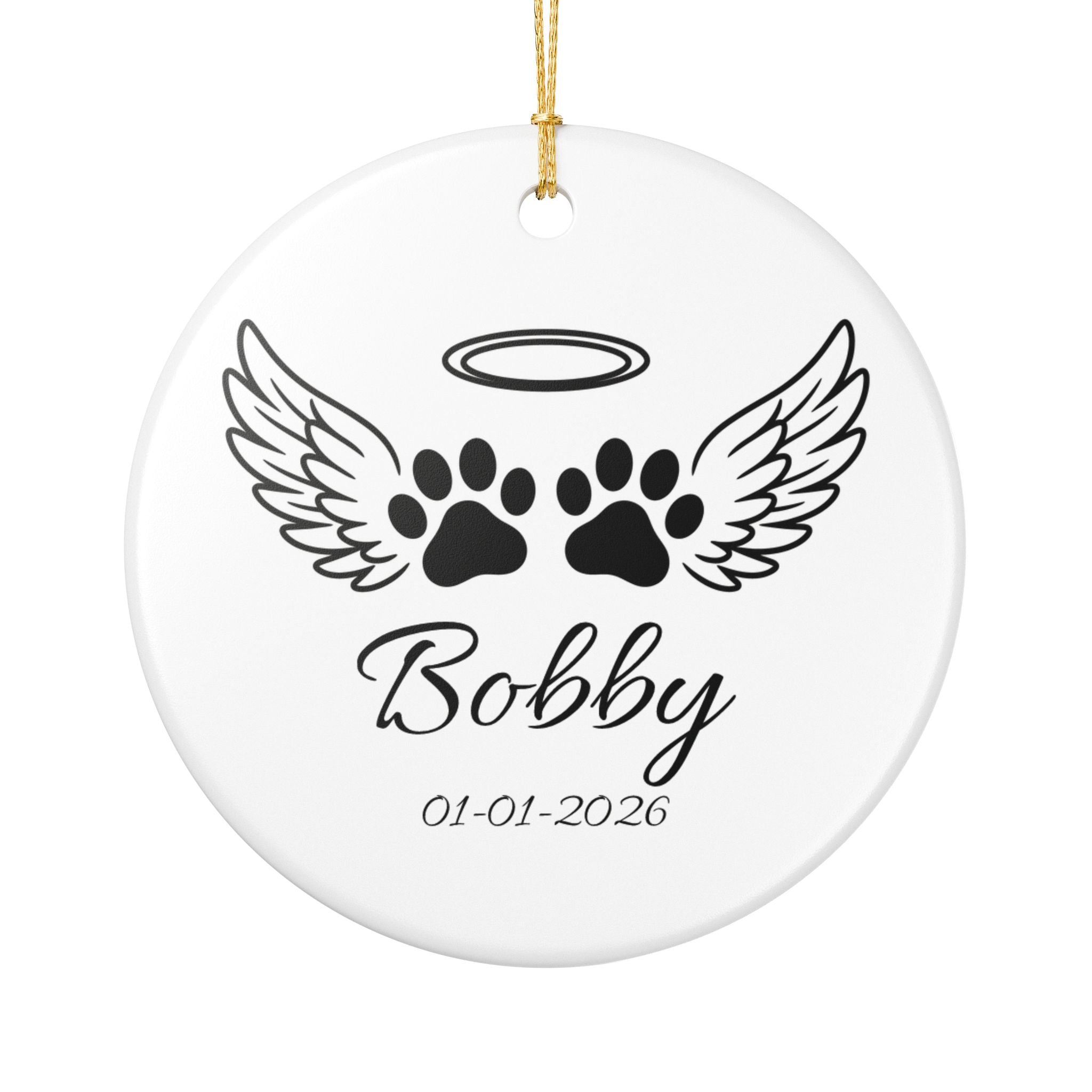 Personalised pet memorial ceramic ornament with angel wings paw prints and custom name and date