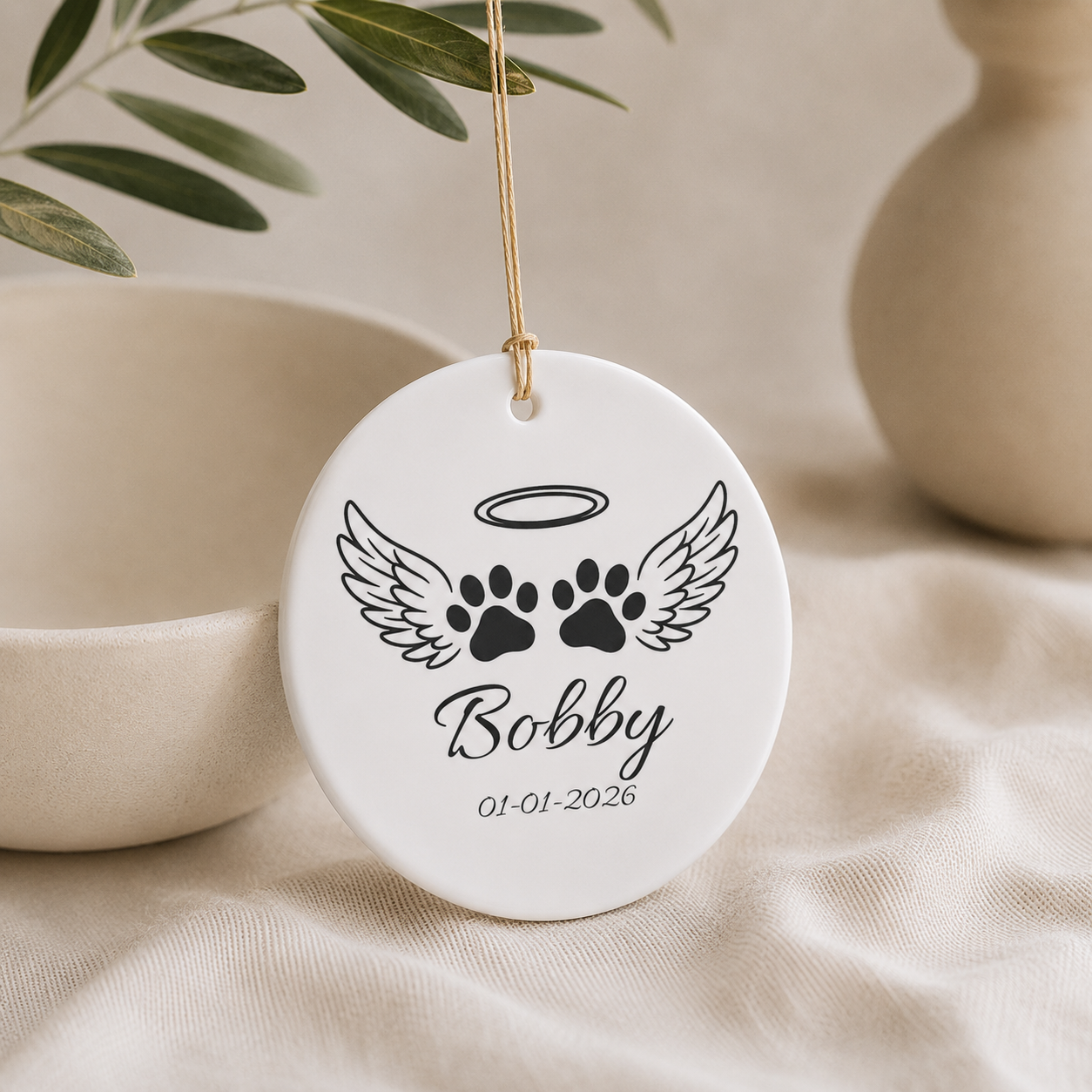 Pet memorial personalised ornament lifestyle shot — ceramic sympathy gift with gold hanging string