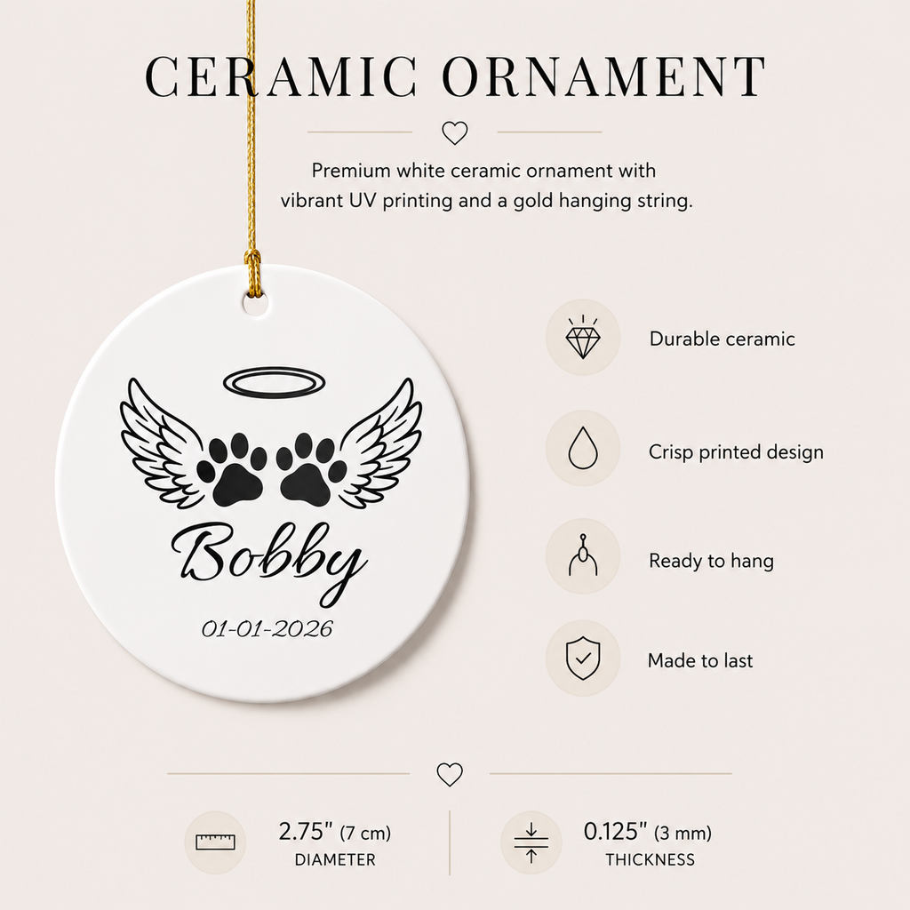 Pet memorial ceramic ornament size and spec sheet — 2.75 inch UV printed angel wings keepsake