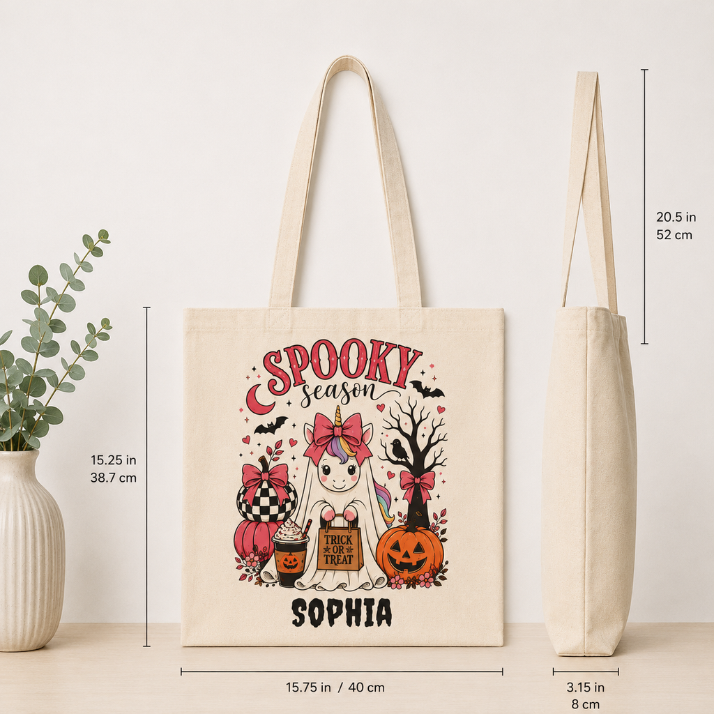 Spooky Season unicorn ghost tote bag lifestyle — personalised cotton canvas girls Halloween trick or treat bag