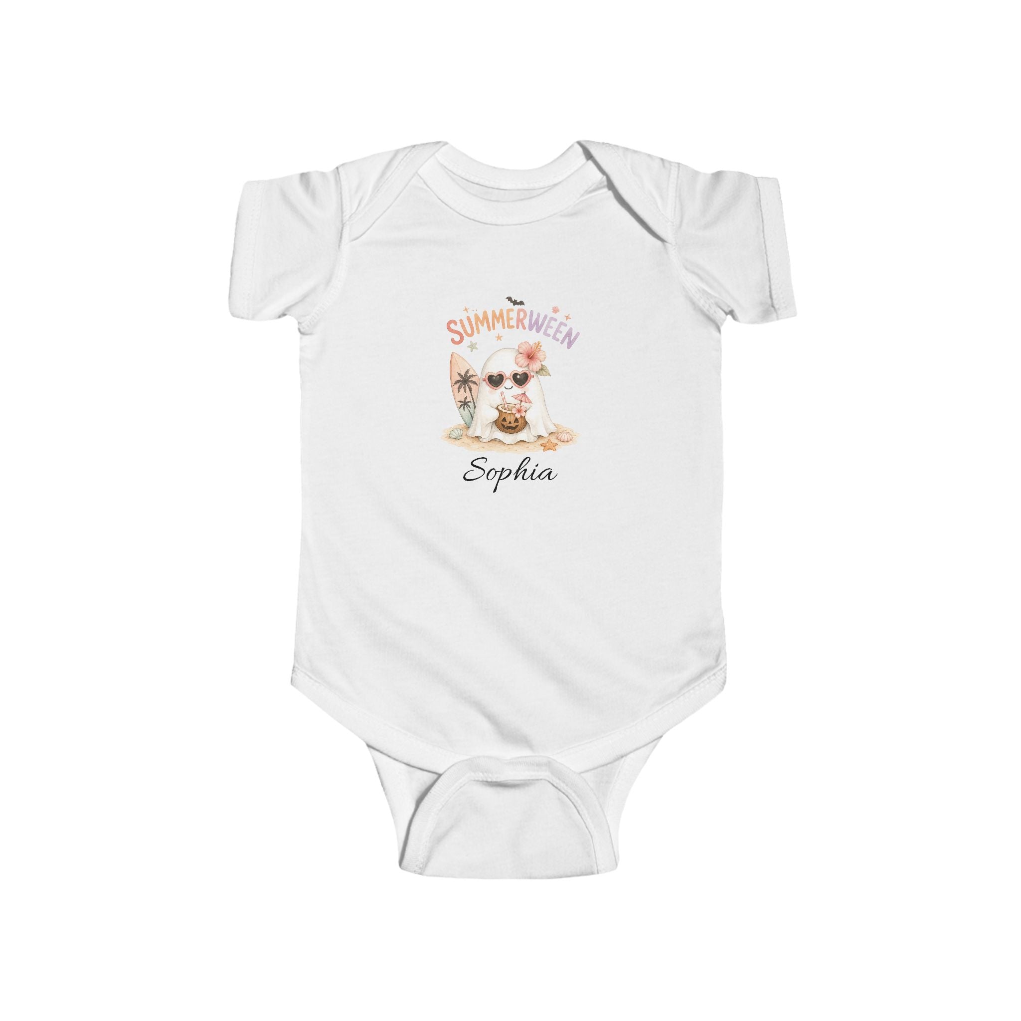 Personalised Summerween beach ghost baby bodysuit with surfboard sunglasses and custom name