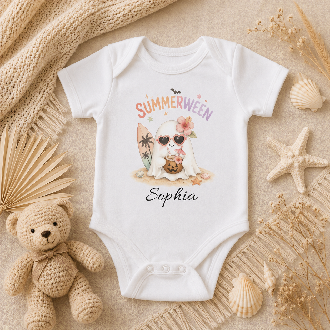 Summerween beach ghost bodysuit spec sheet — sizes NB to 24M personalised summer Halloween baby gift