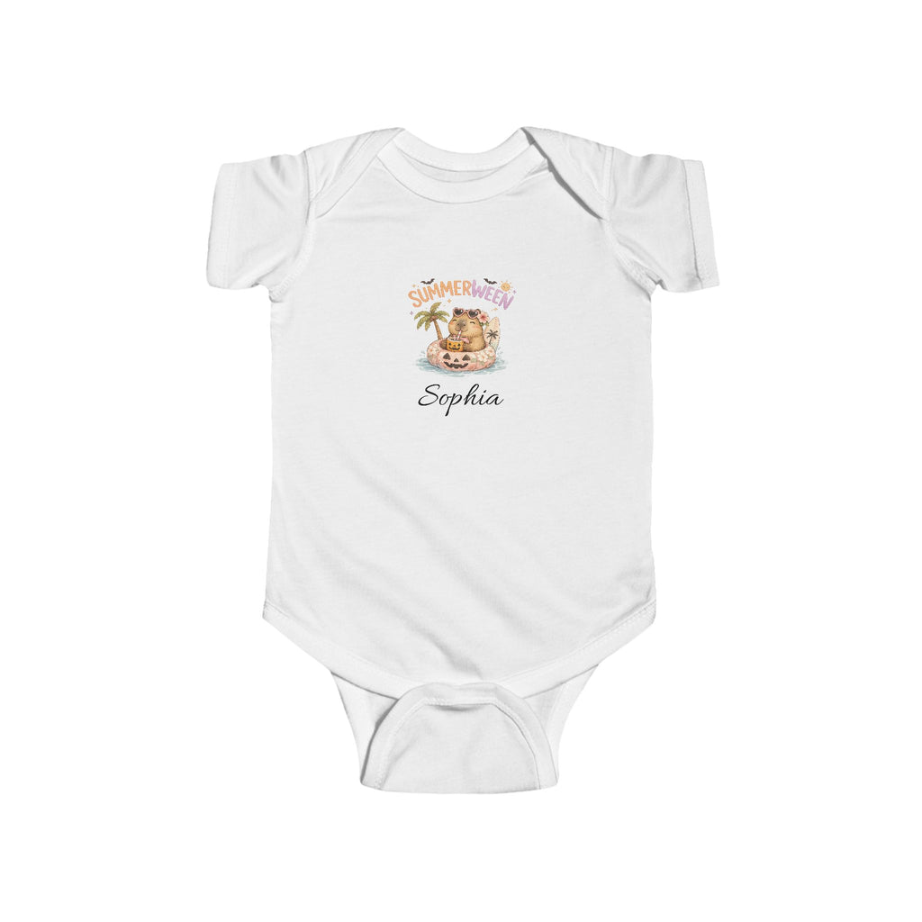 Personalised Summerween capybara baby bodysuit with pool float pumpkin palm tree and custom name