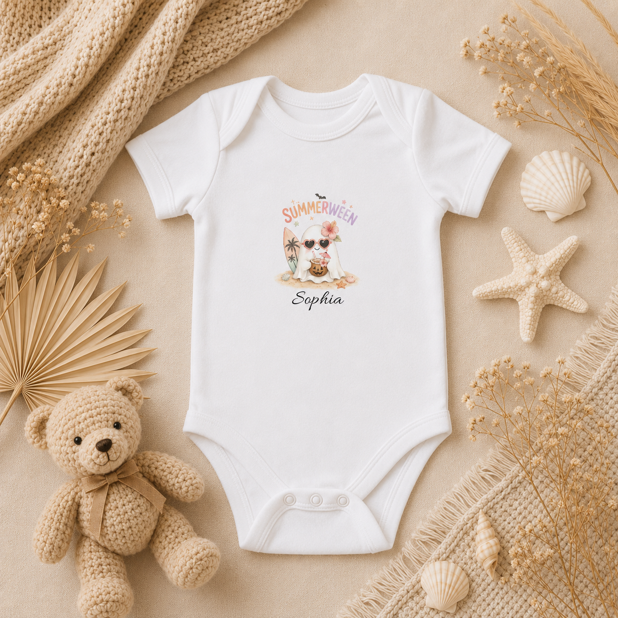 Summerween capybara bodysuit spec sheet — sizes NB to 24M personalised summer Halloween baby gift