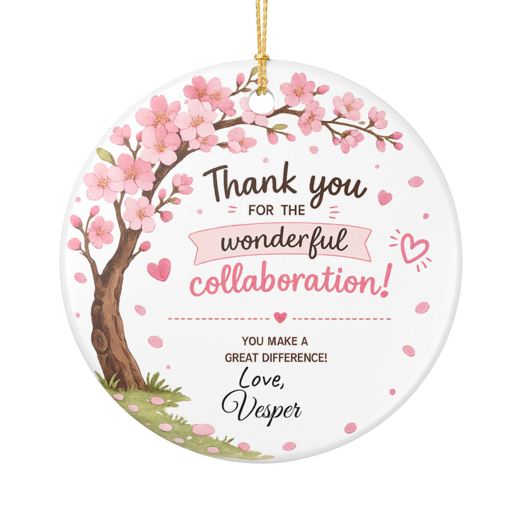 Personalised thank you for the wonderful collaboration ceramic ornament — cherry blossom design with custom name