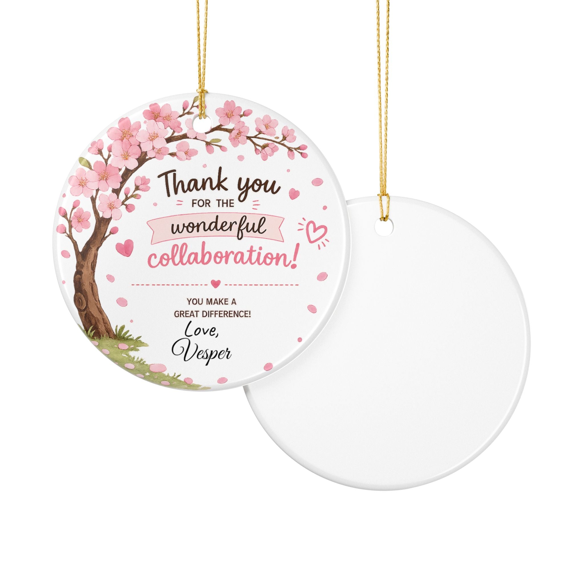Collaboration thank you ornament lifestyle shot — round white ceramic colleague keepsake gift with gold string