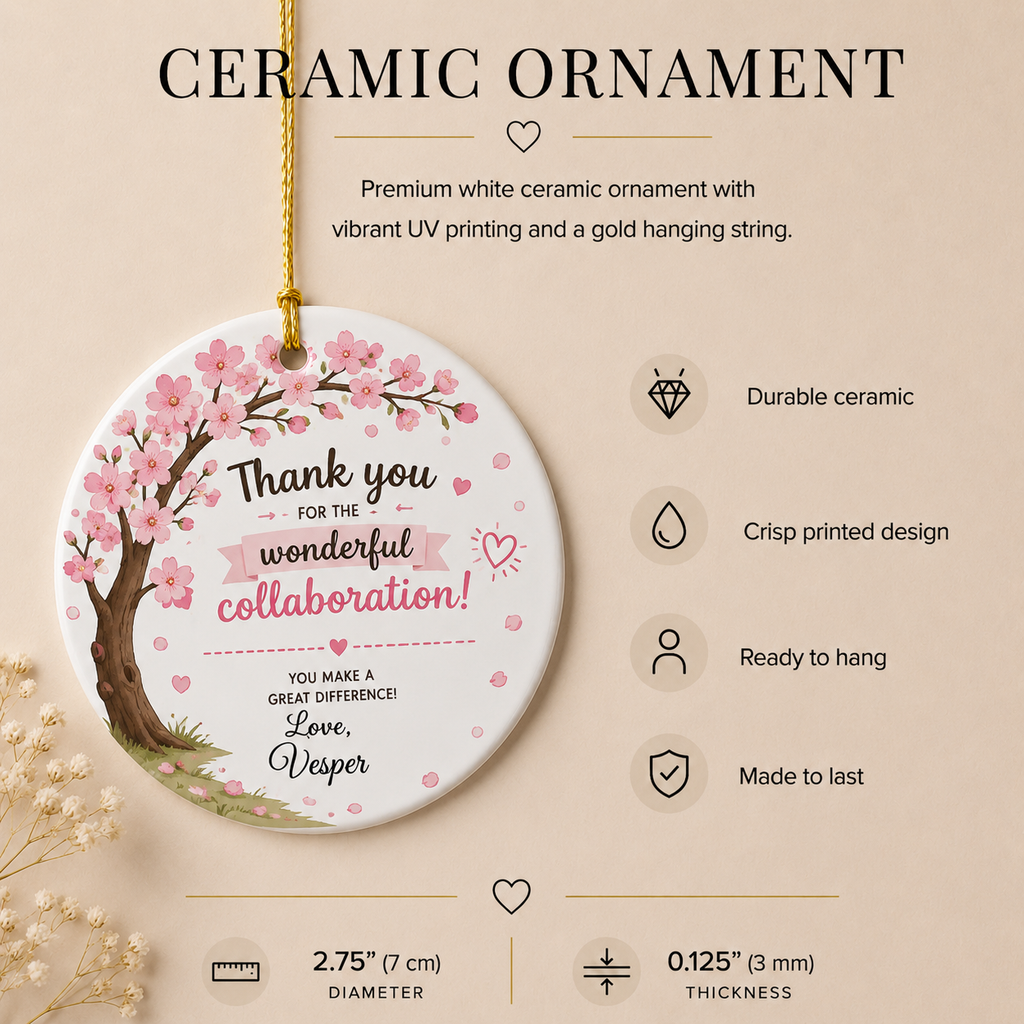 Thank you collaboration ornament infographic — durable ceramic, crisp print, ready to hang, made to last