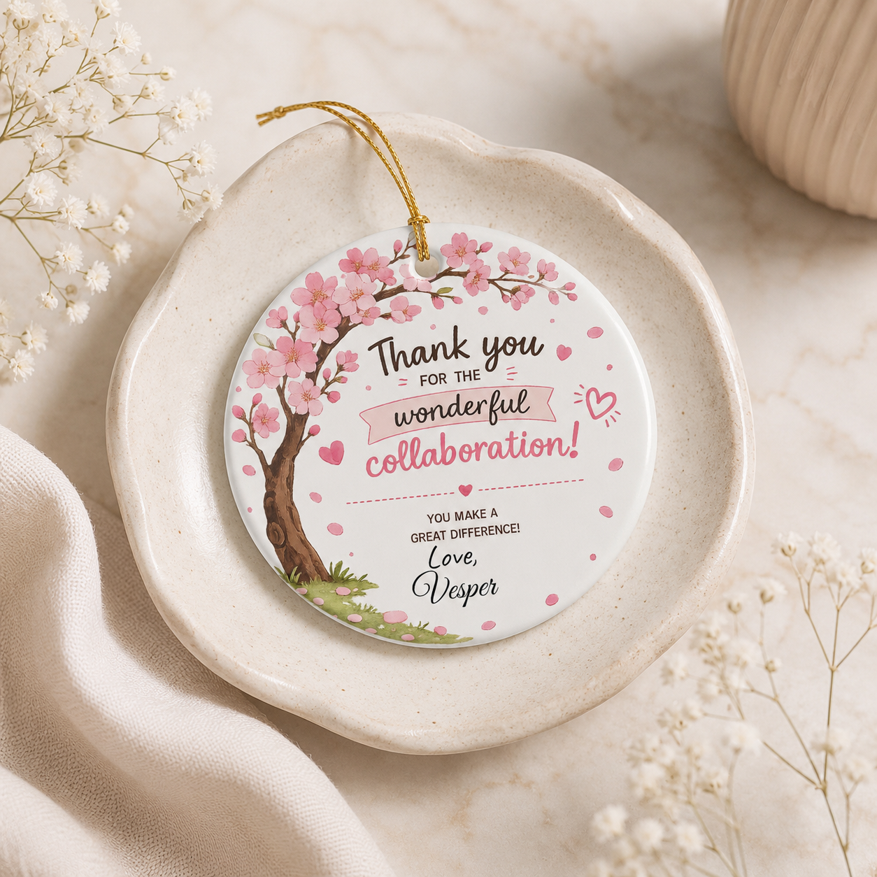 Thank you collaboration ornament spec sheet — 2.75 inch diameter UV printed personalised coworker gift