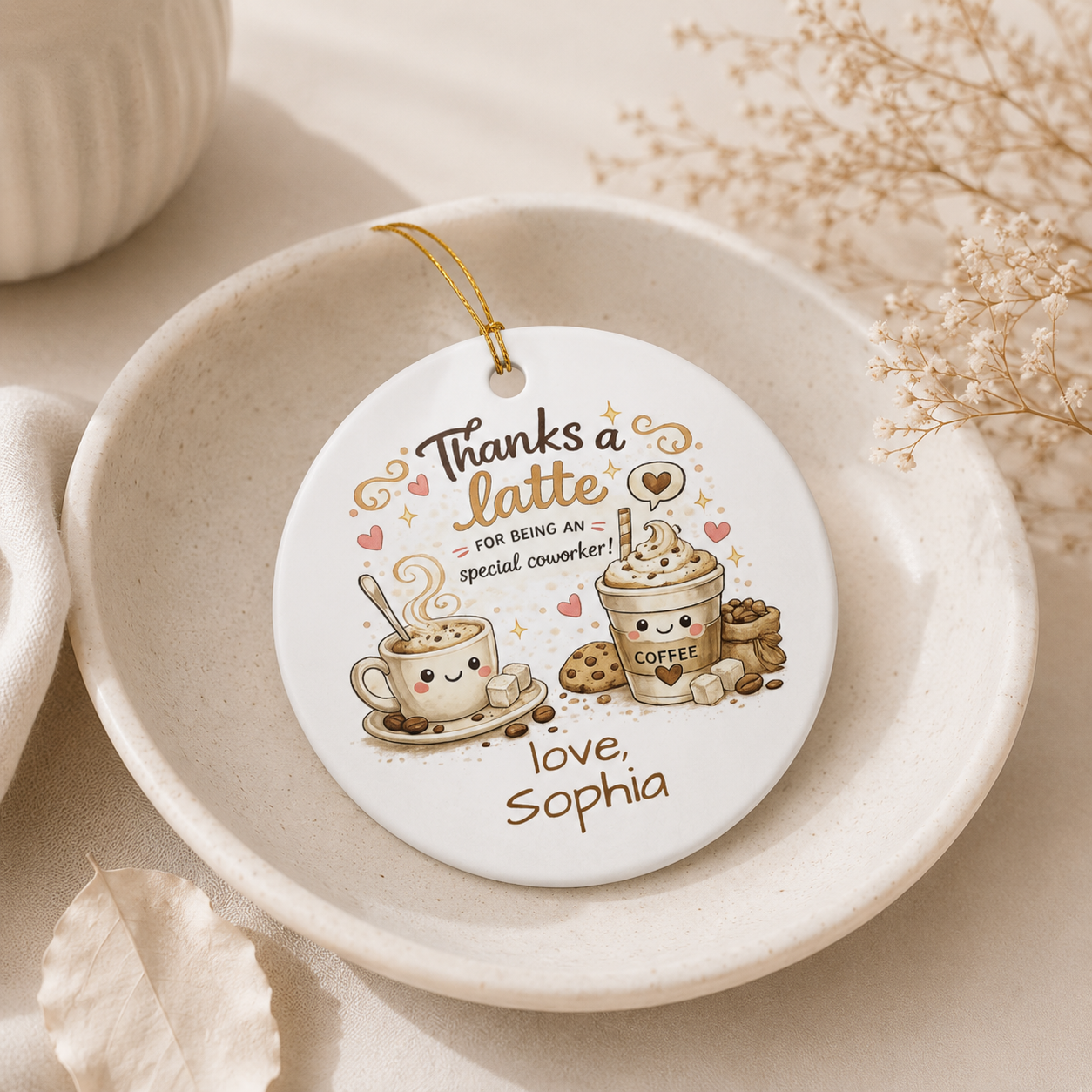 Thanks a latte ornament infographic — durable ceramic, crisp print, ready to hang, made to last