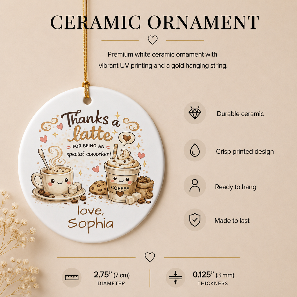 Thanks a latte coworker ornament spec sheet — 2.75 inch diameter UV printed personalised office gift
