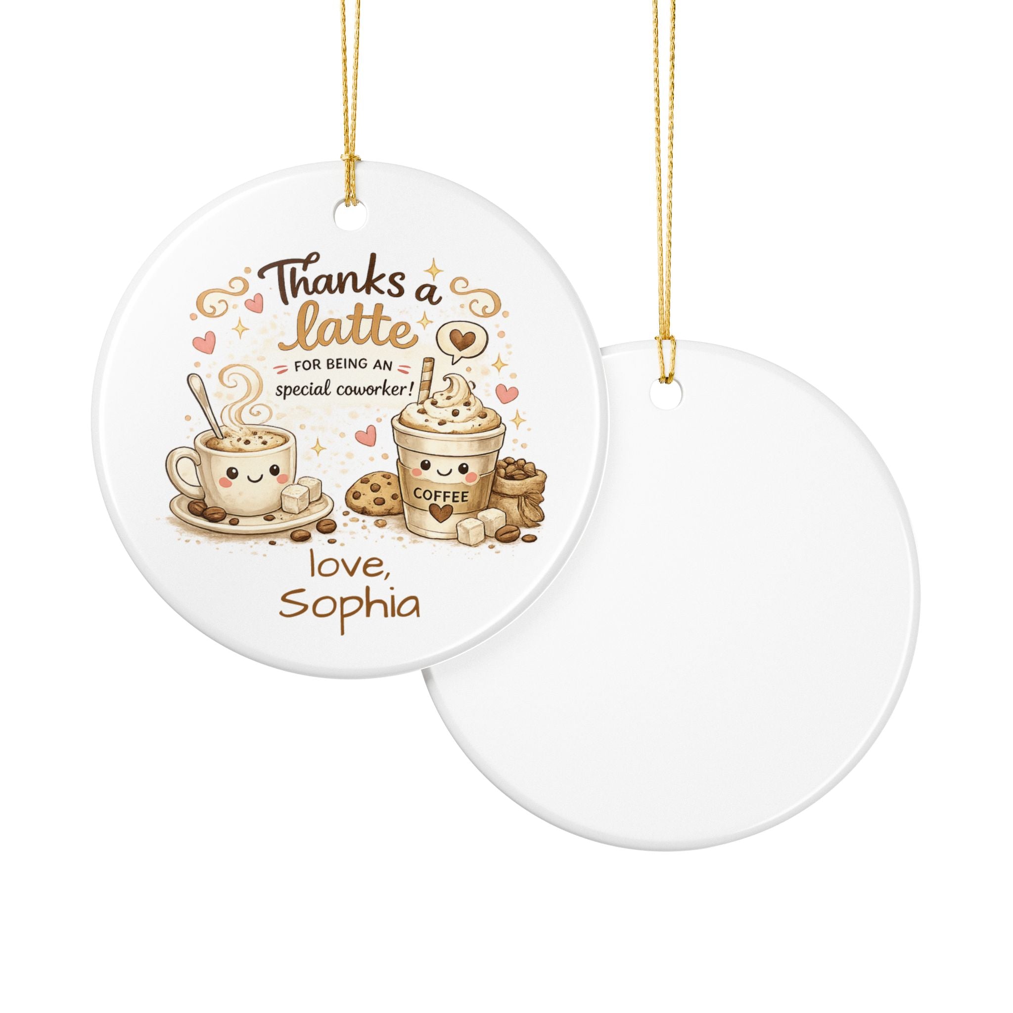 Thanks a latte ornament lifestyle shot — round white ceramic colleague keepsake gift with gold hanging string