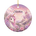Personalised unicorn castle ceramic ornament — dreamy pink purple magical scene with custom girl's name