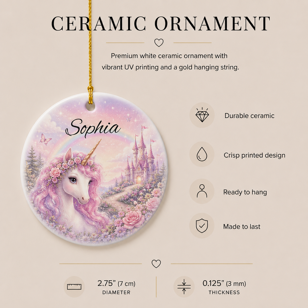 Unicorn castle ornament infographic — durable ceramic, vibrant full colour print, ready to hang, made to last