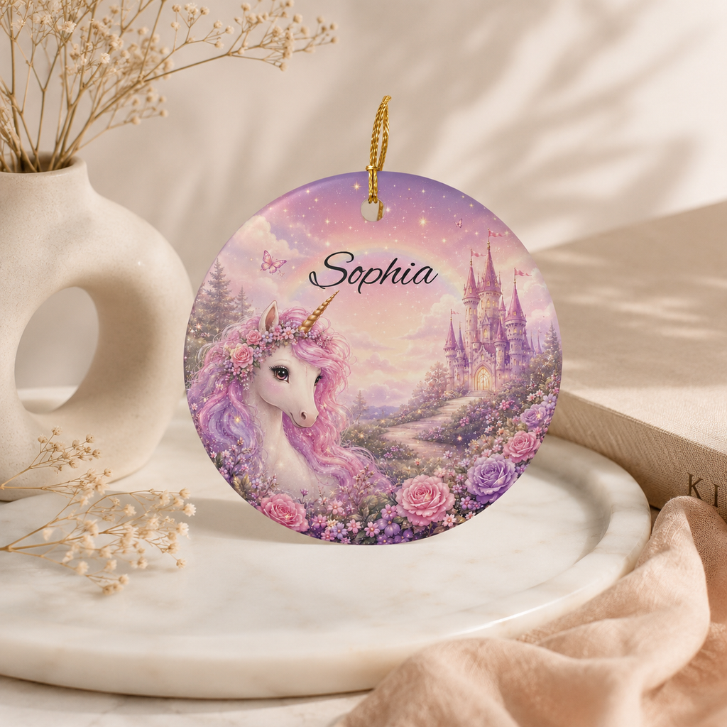 Personalised unicorn castle ornament spec sheet — 2.75 inch diameter UV printed magical girls gift
