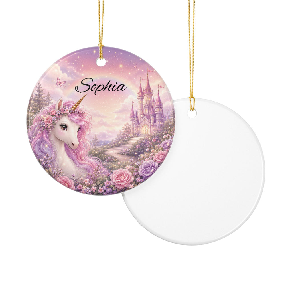 Unicorn ornament personalised for girls — round ceramic keepsake birthday or Christmas gift with gold hanging string
