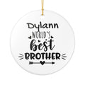 Personalised World's Best Brother ceramic ornament with custom name Dylann — black typography hearts and arrow on white