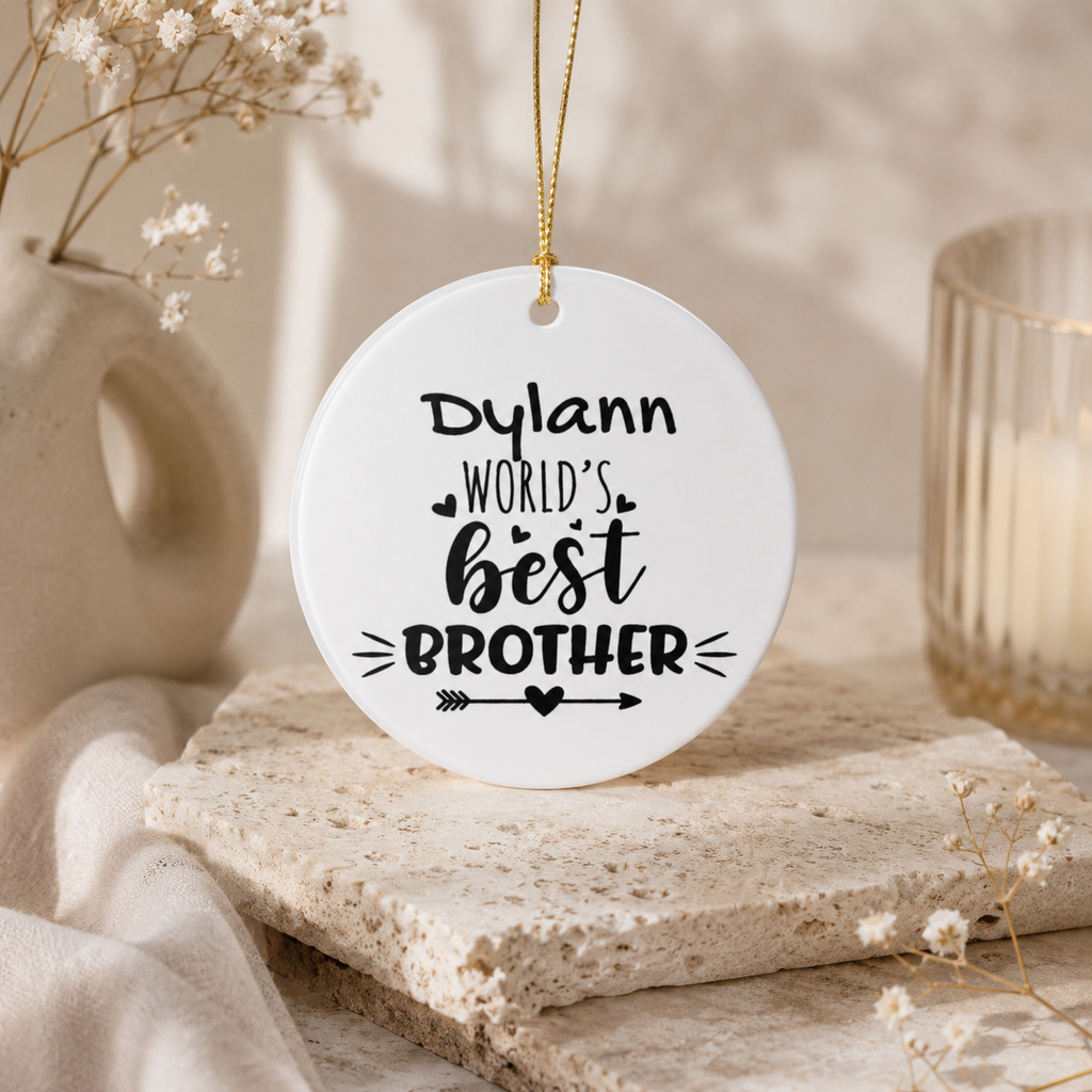World's Best Brother personalised ceramic ornament size spec — 2.75 inch UV printed sibling keepsake