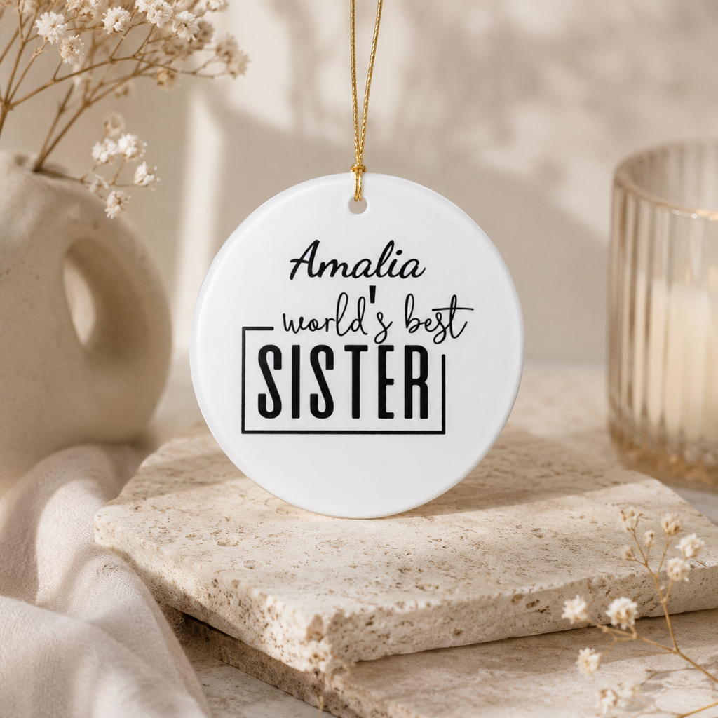 Close-up of personalised sister ornament with name and gold hanging string — ceramic keepsake gift for her