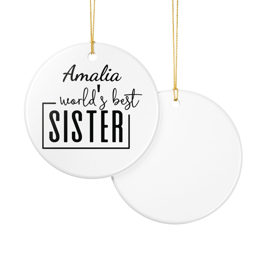 World's Best Sister personalised ornament on white background — round ceramic sister keepsake gift